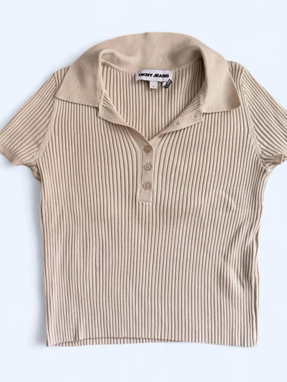DKNY Beige Ribbed Short-Sleeve Polo Top